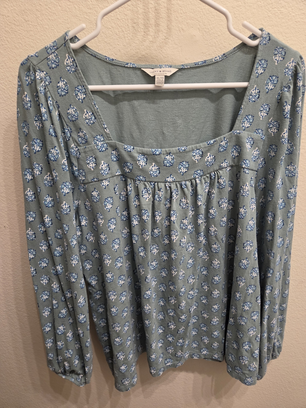 Lucky Brand Sage Green Blue Floral Square-Neck Blouse